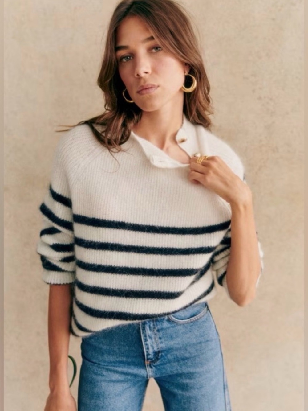NWOT 🇫🇷 Sézane Trudy Jumper Striped Navy & Creamy White Mohair Sweater - Picture 6 of 12